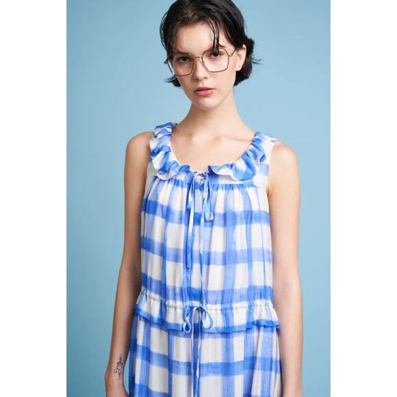 PAUL & JOE 100% Silk Charisme Dress Sleeveless Ruffle Gingham Plaid Maxi - Picture 3 of 16